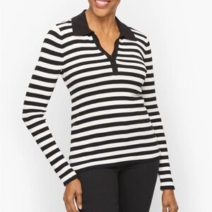 Talbots Petite Medium Johnny Collar Pullover Top Mariner Stripe Black White NEW